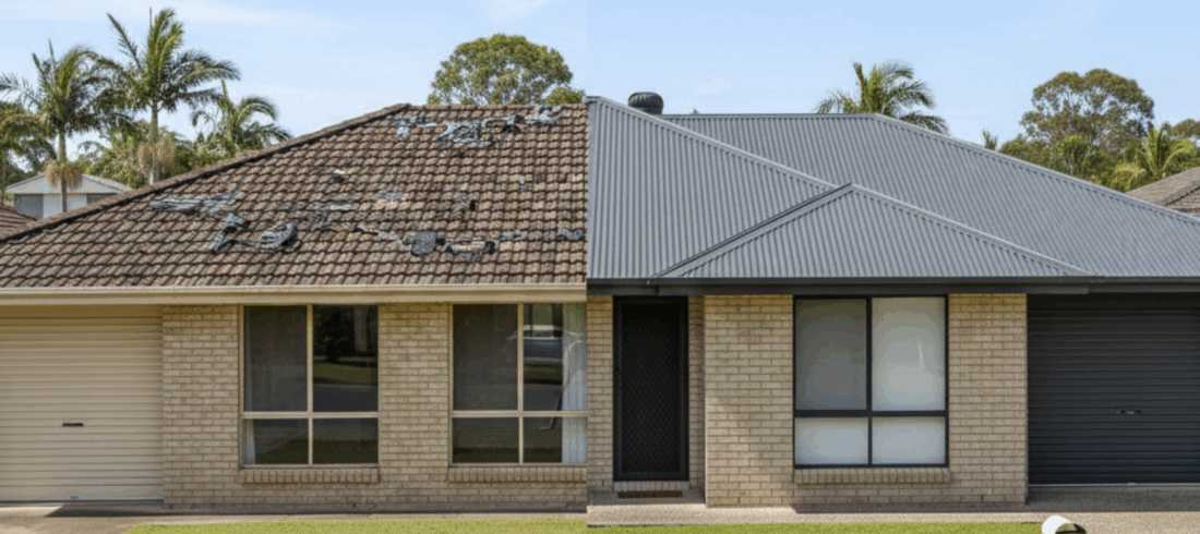 A home showing a split roof, one side old and patched, the other new and strong — representing when to replace instead of repair.