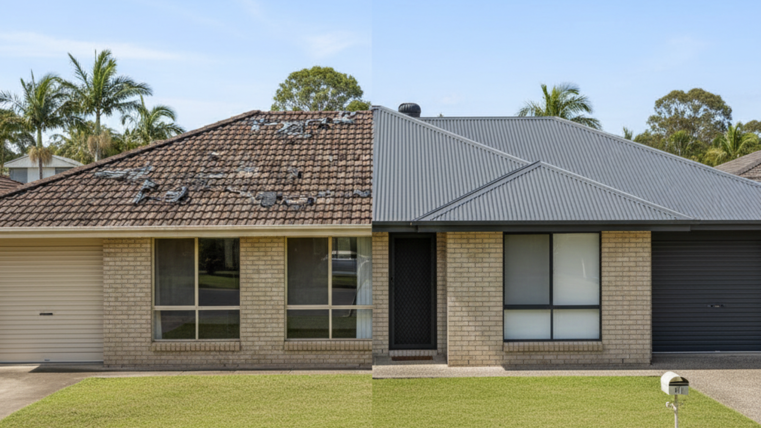 A home showing a split roof, one side old and patched, the other new and strong — representing when to replace instead of repair.