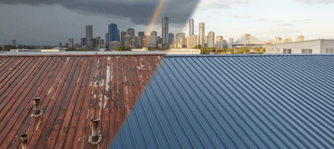 commercial roof showing one half old and rusted and the other half newly restored, symbolizing repair versus replacement.