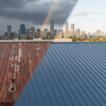 commercial roof showing one half old and rusted and the other half newly restored, symbolizing repair versus replacement.
