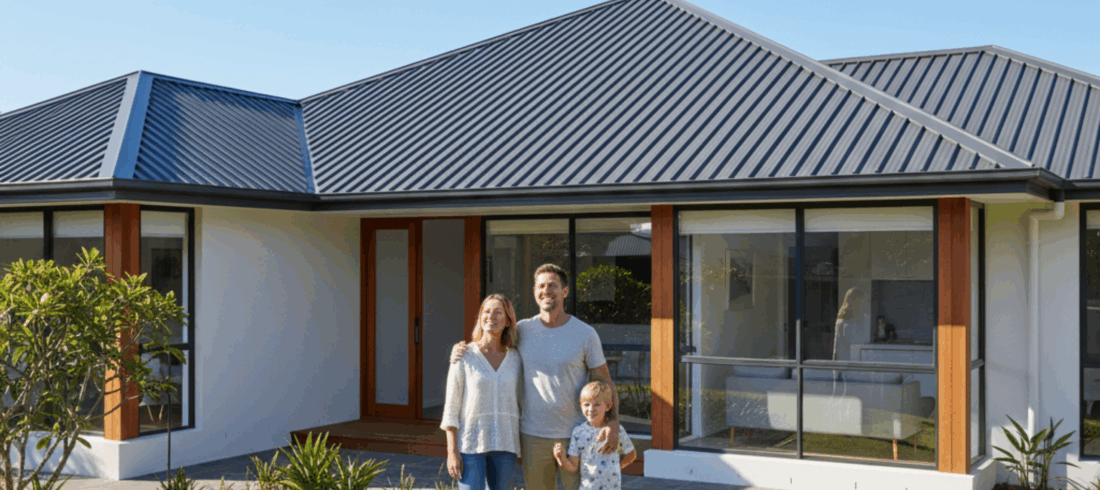 A modern Brisbane home with a new Colorbond roof gleaming under clear skies, symbolizing lasting protection and peace of mind.