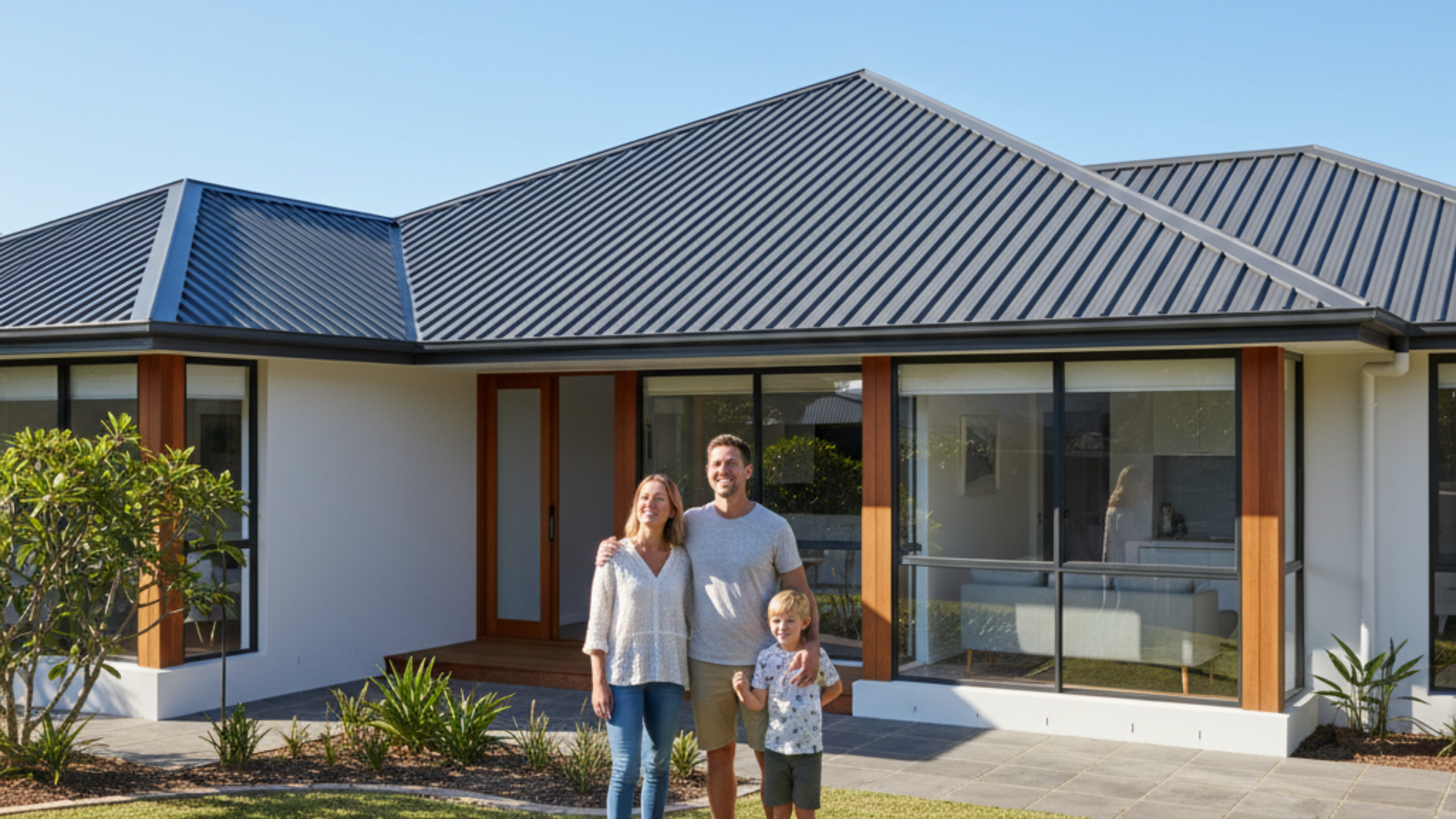 A modern Brisbane home with a new Colorbond roof gleaming under clear skies, symbolizing lasting protection and peace of mind.