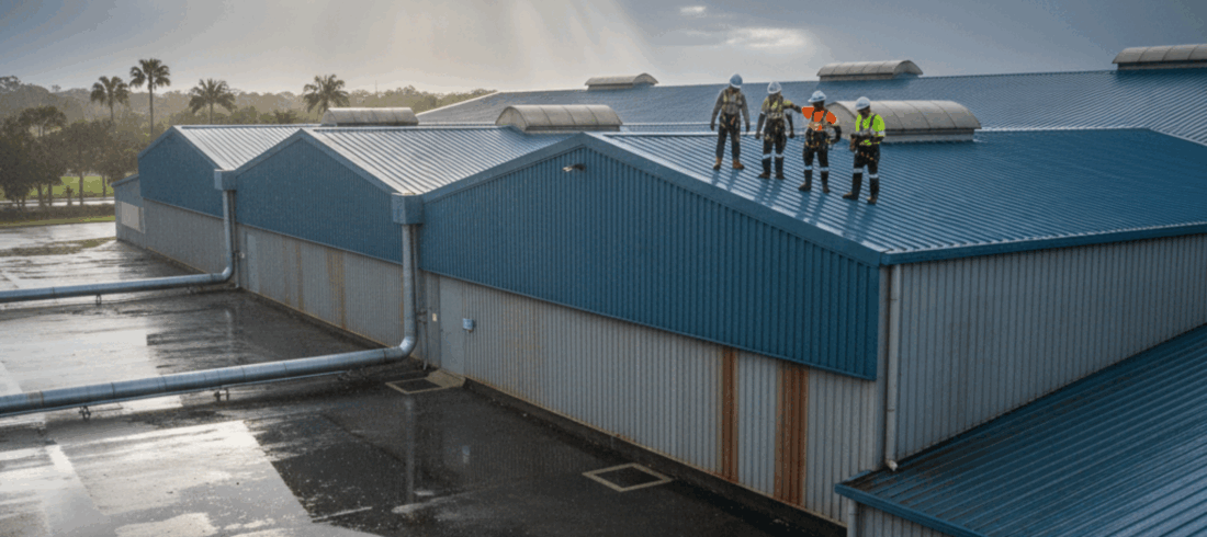 A warehouse roof being inspected after rain, symbolizing professional repair, durability, and protection from ongoing leaks.