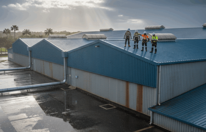 A warehouse roof being inspected after rain, symbolizing professional repair, durability, and protection from ongoing leaks.