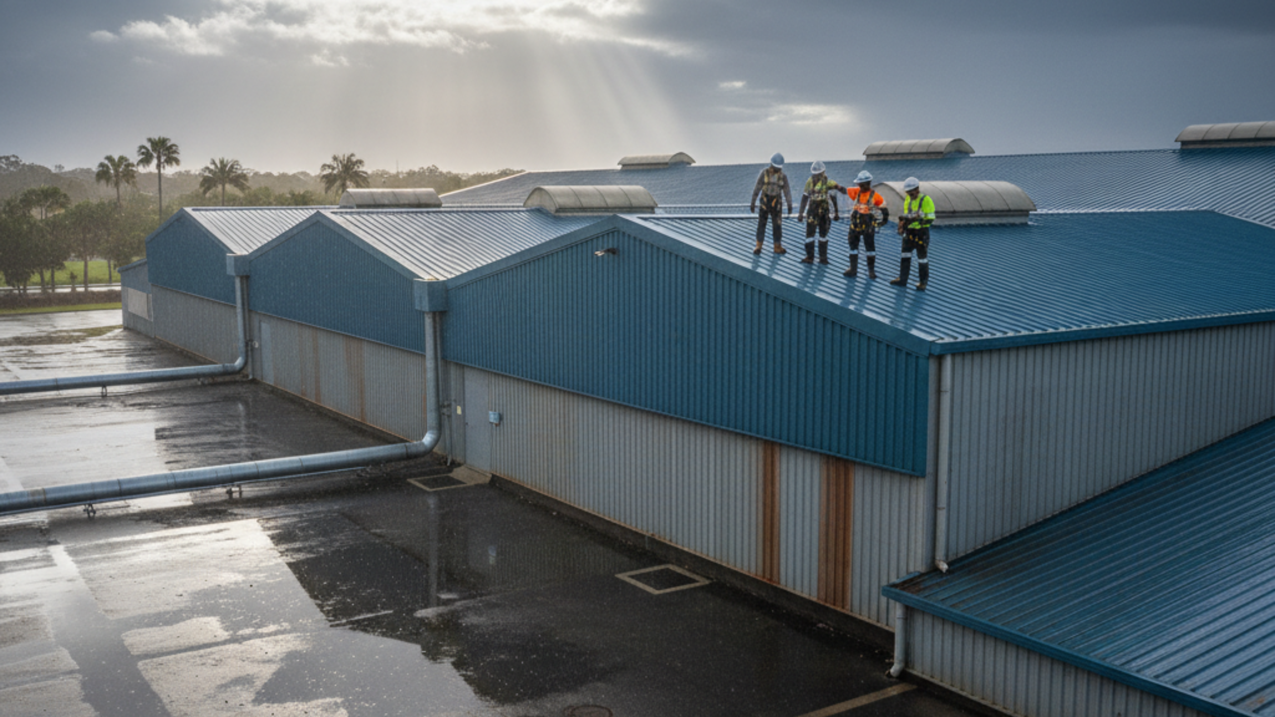 A warehouse roof being inspected after rain, symbolizing professional repair, durability, and protection from ongoing leaks.