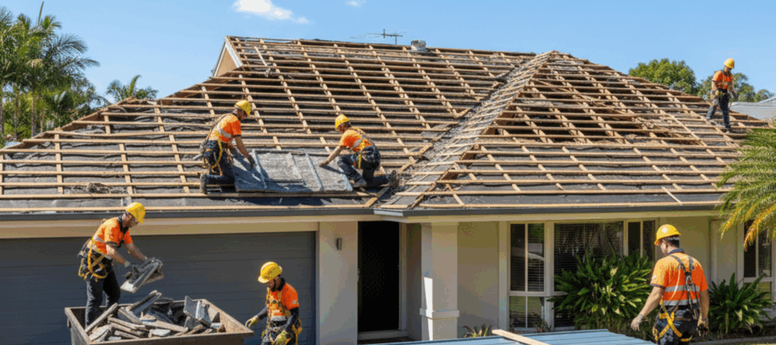Roofers removing old roofing materials from a home and preparing for a new Colorbond installation under clear skies.