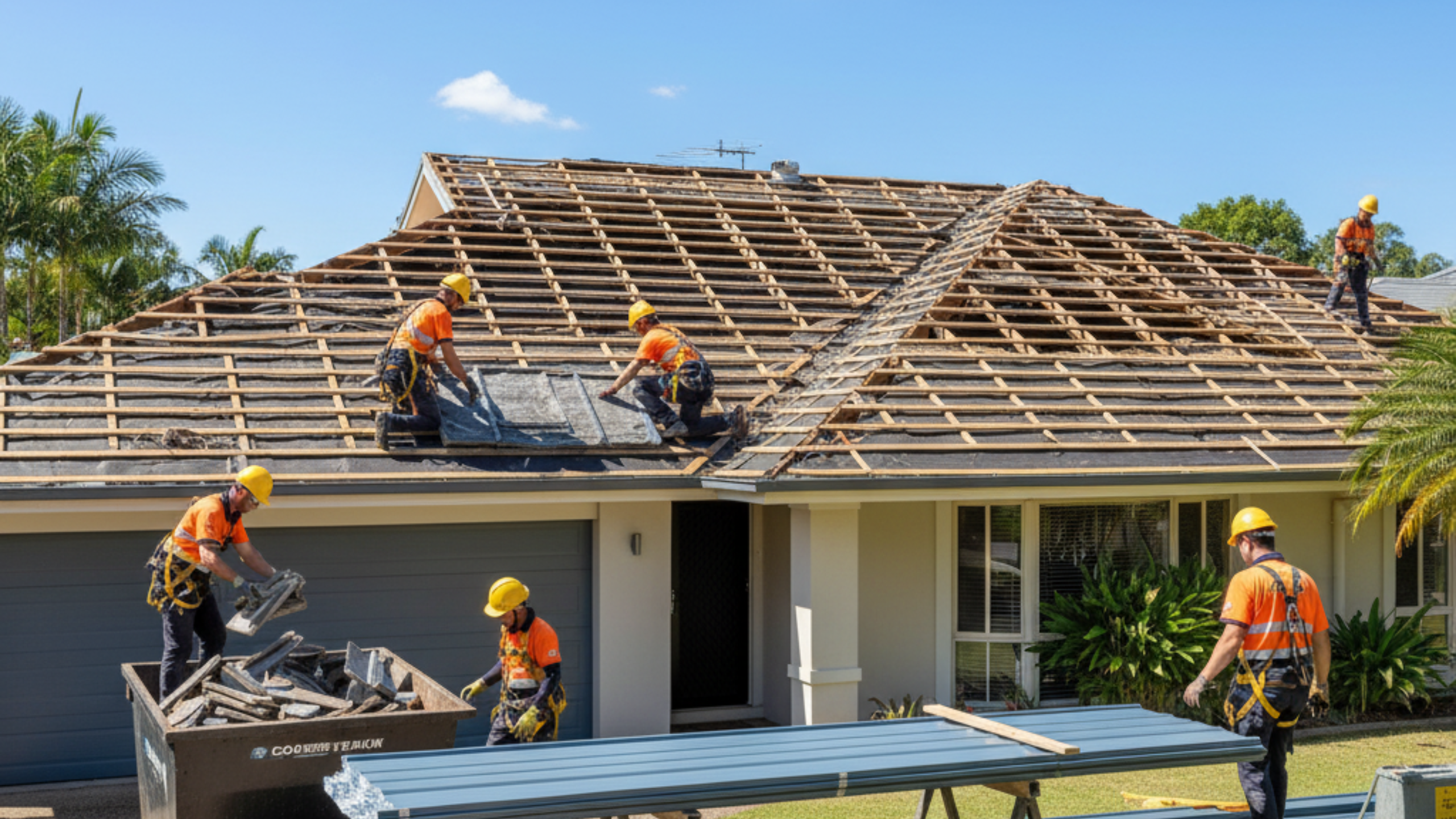Roofers removing old roofing materials from a home and preparing for a new Colorbond installation under clear skies.