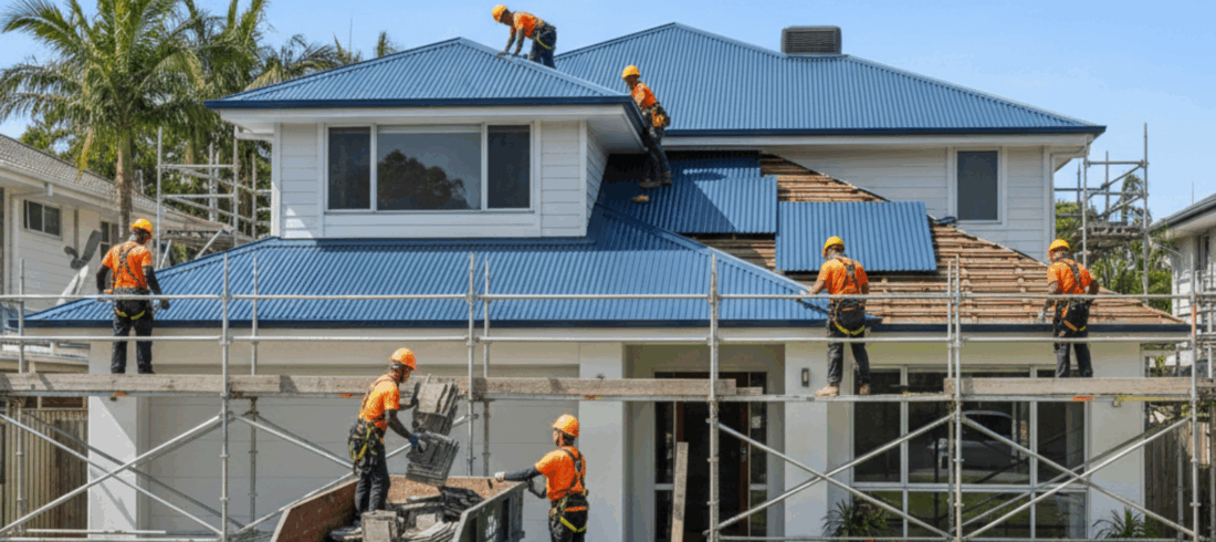 Roofing professionals installing new Colorbond panels on a home under clear skies, representing a quality roof replacement in progress.