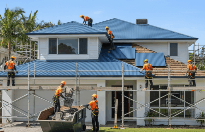 Roofing professionals installing new Colorbond panels on a home under clear skies, representing a quality roof replacement in progress.