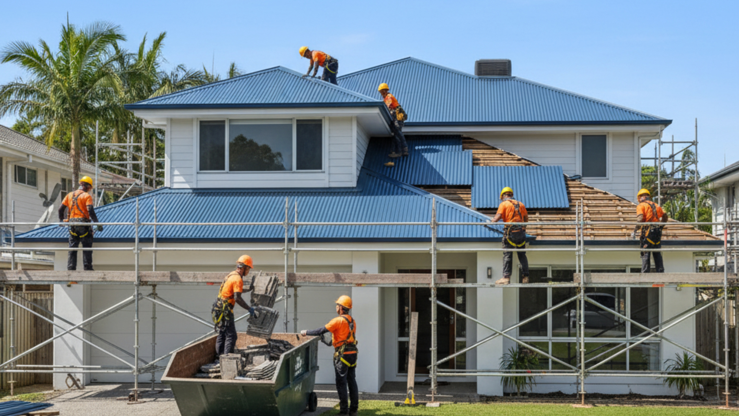 Roofing professionals installing new Colorbond panels on a home under clear skies, representing a quality roof replacement in progress.