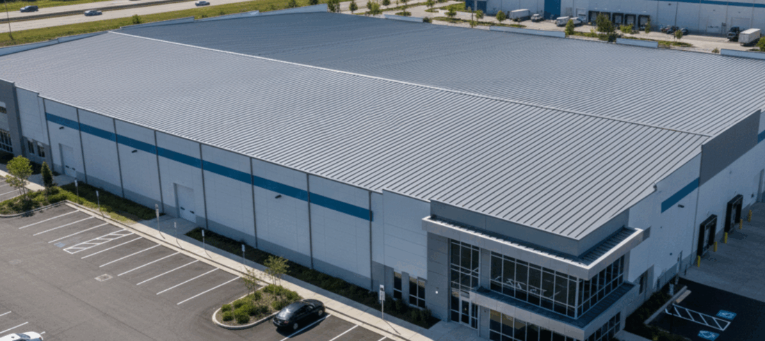 An aerial view of a large industrial warehouse with a new metal roof, clean lines, and a well-maintained exterior under clear skies.
