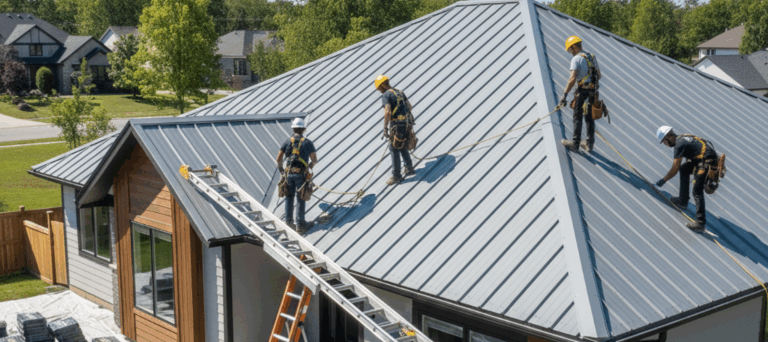 A professional roofing team working safely and efficiently on a modern home roof under clear skies, representing well-managed, high-quality roofing projects.