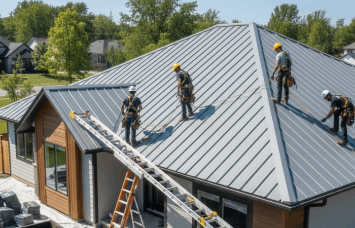 A professional roofing team working safely and efficiently on a modern home roof under clear skies, representing well-managed, high-quality roofing projects.