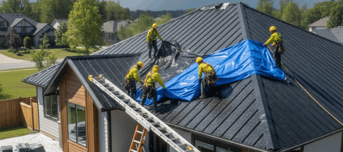 Roofers covering an exposed roof with tarps during sudden rain, demonstrating professional preparation and protection during a mid-project downpour.