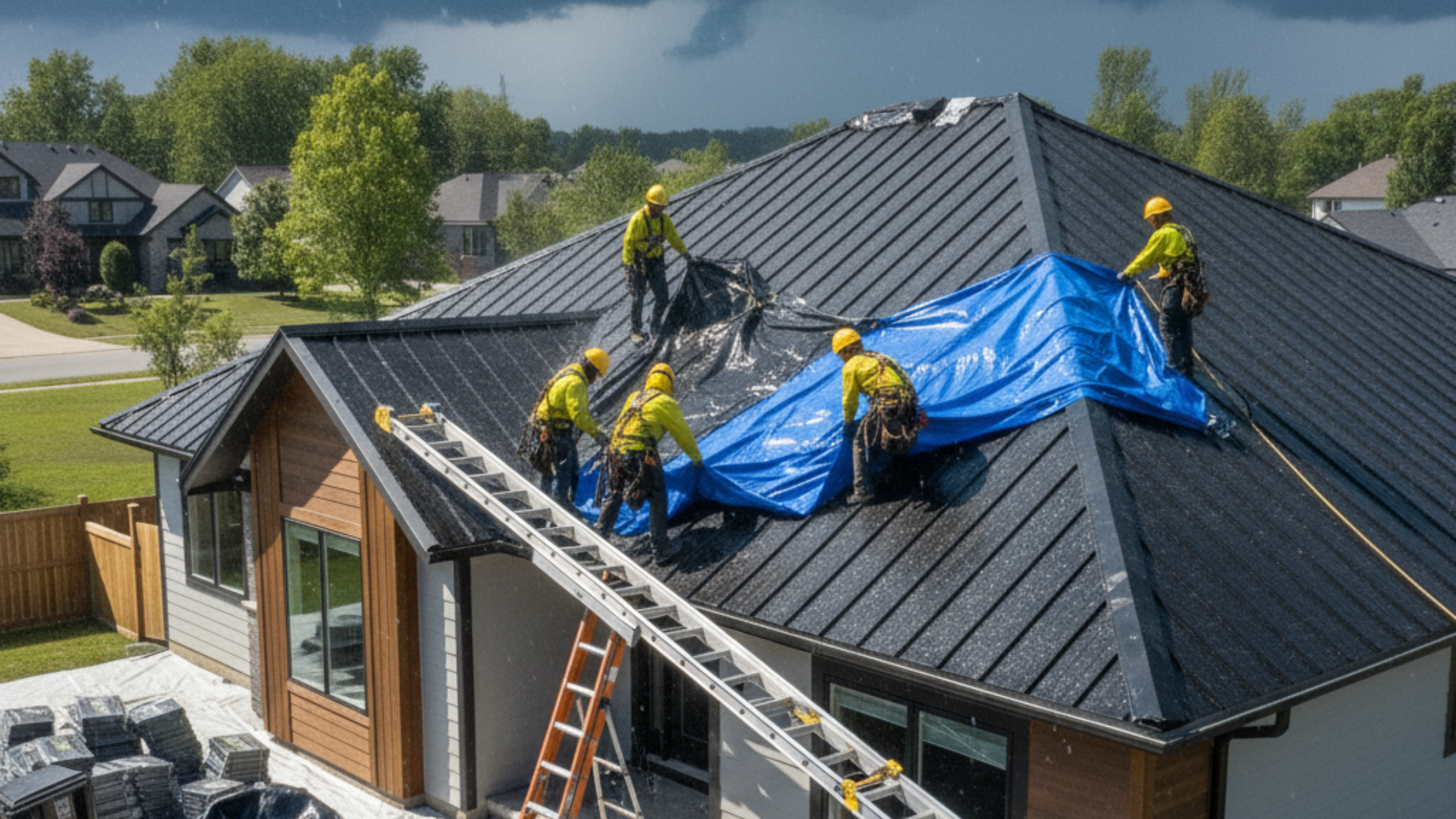 Roofers covering an exposed roof with tarps during sudden rain, demonstrating professional preparation and protection during a mid-project downpour.