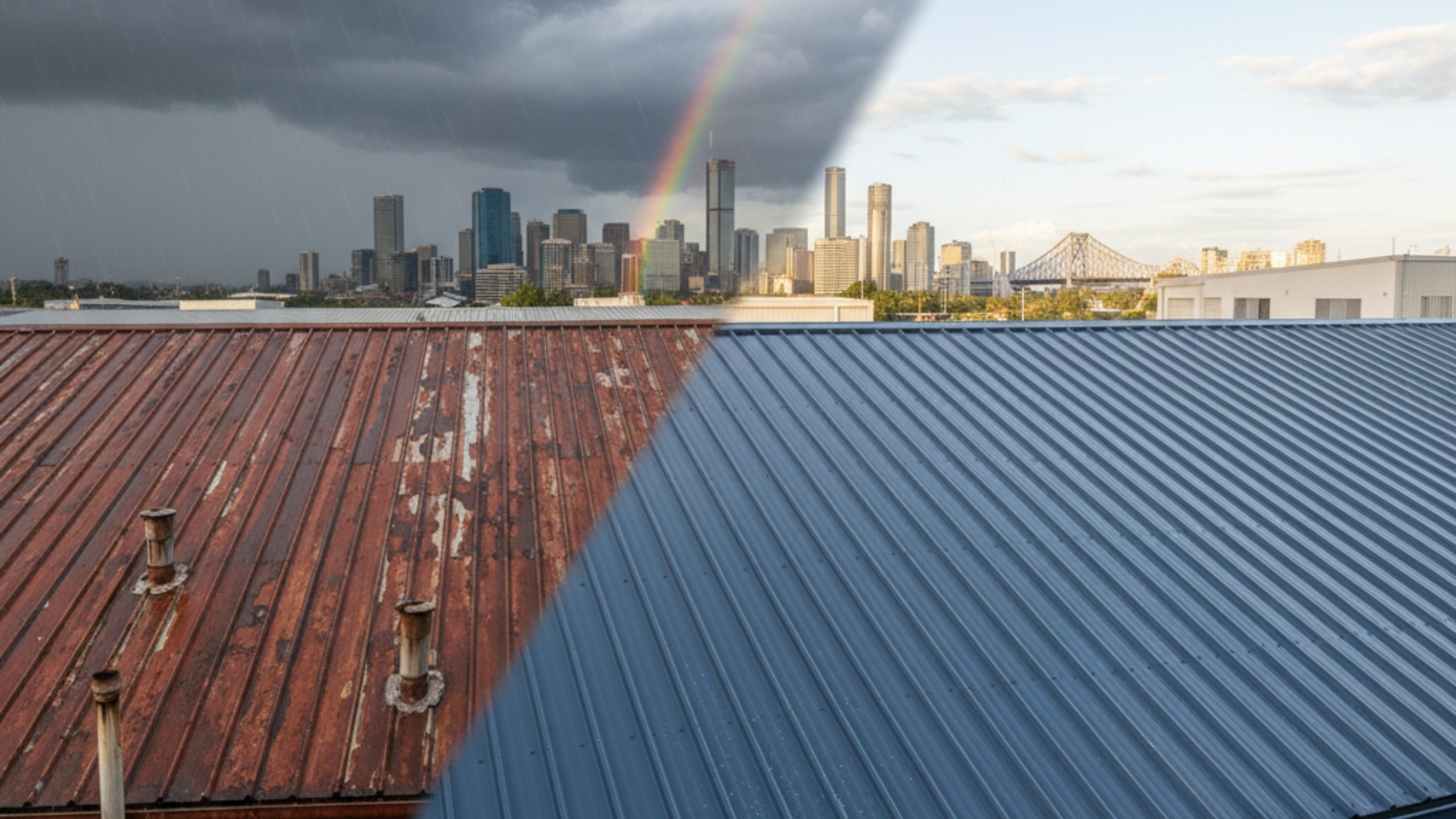 commercial roof showing one half old and rusted and the other half newly restored, symbolizing repair versus replacement.